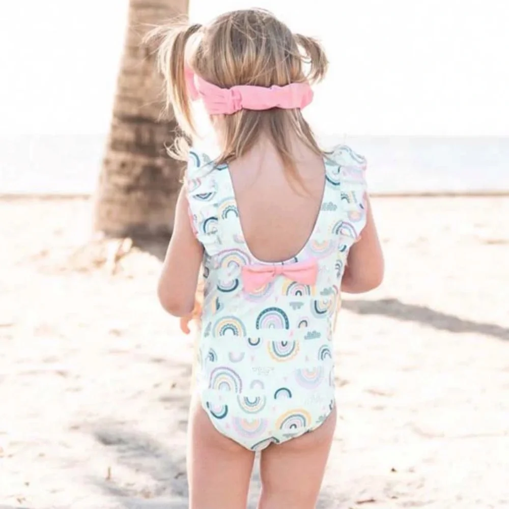 NWT RuffleButts Chase The Rainbow Waterfall Girls One Piece Swimsuit- back bow